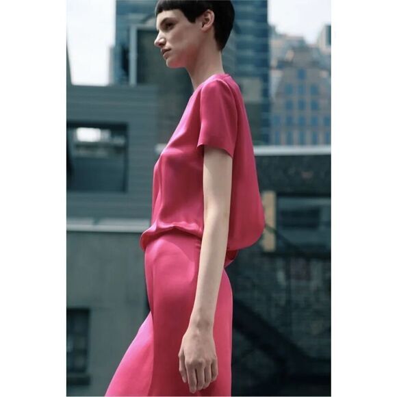 Cedric Charlier Women’s Fuchsia Pink Silk Satin Short Sleeve Dress Size 6 - Picture 1 of 16